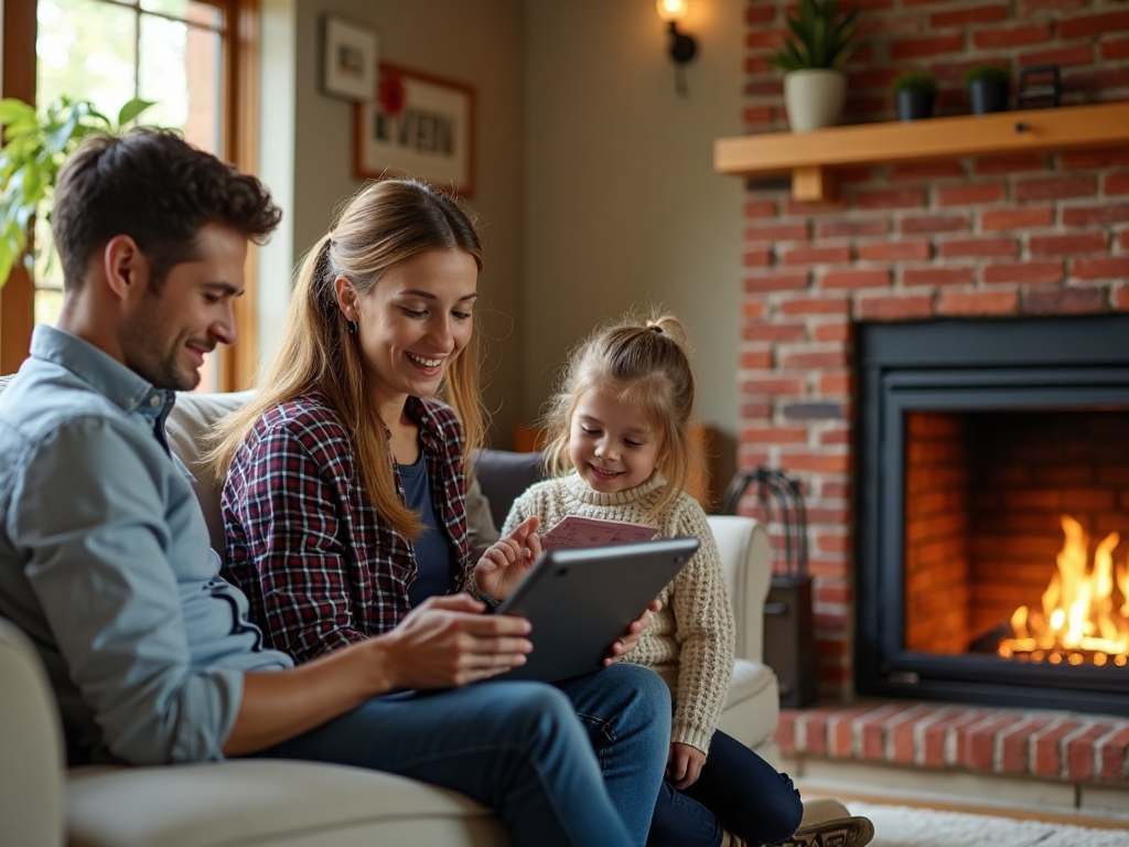 Texas family preparing fireplace in bright living room with chimney