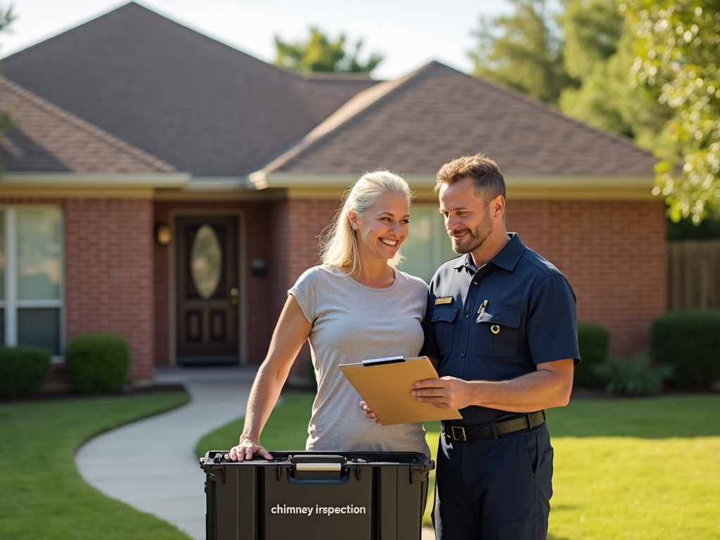 Texas homeowner with chimney inspector outside brick house