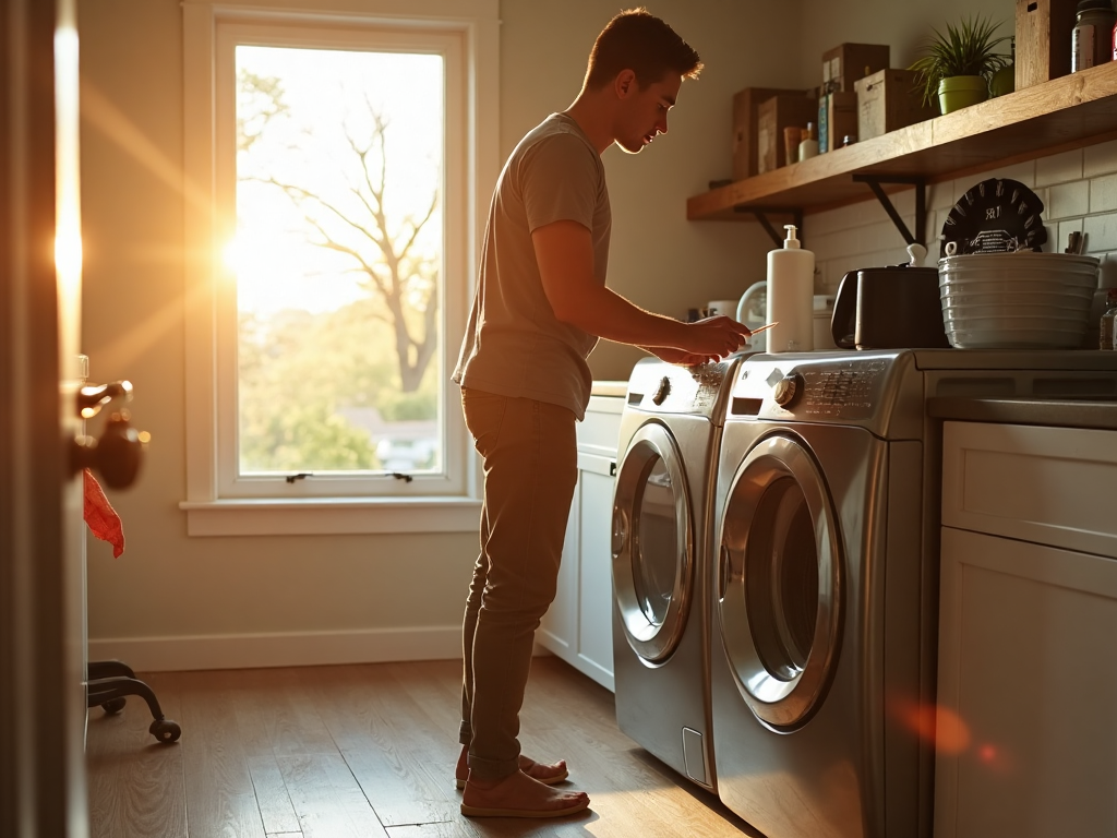 Homeowner prepping dryer vent cleaning in sunlit Texas laundry room