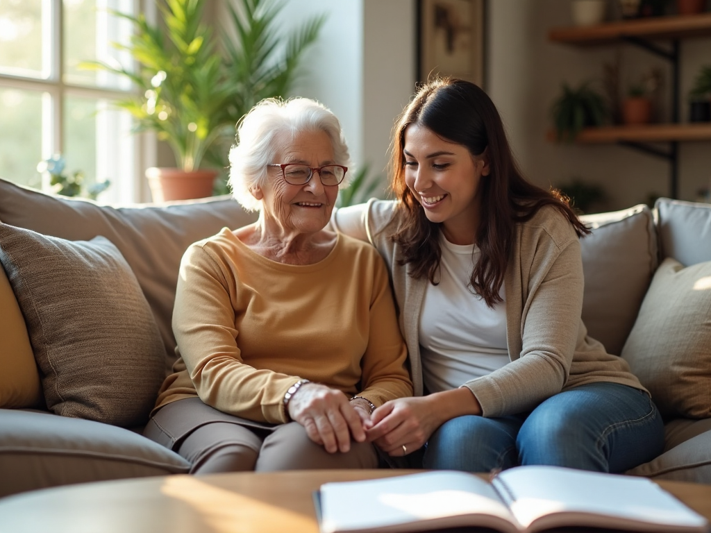 Smiling senior woman and daughter review air duct cleaning schedule in bright living room