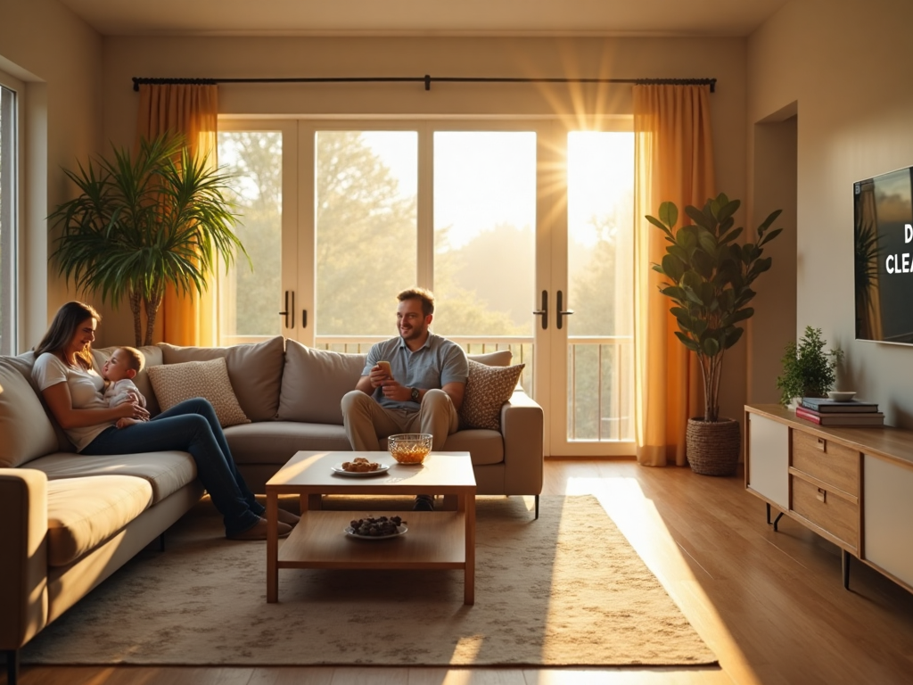 Family in Texas home with HVAC digital panel and duct cleaning banner