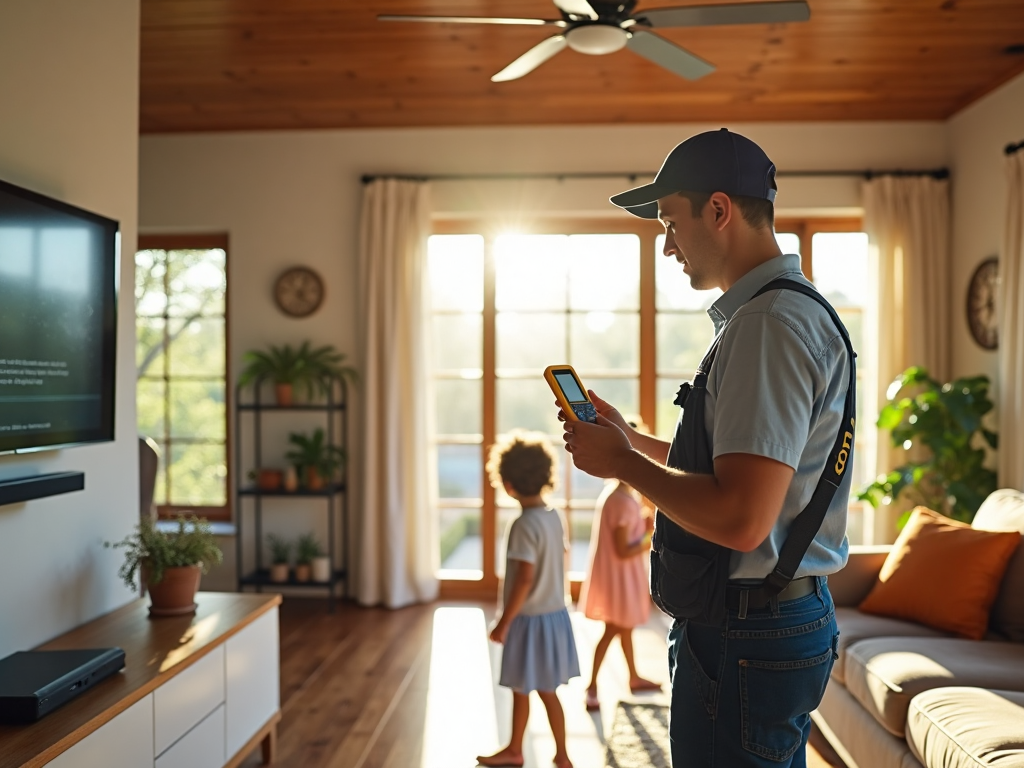 Technician explains duct inspection to Texas homeowner in sunlight