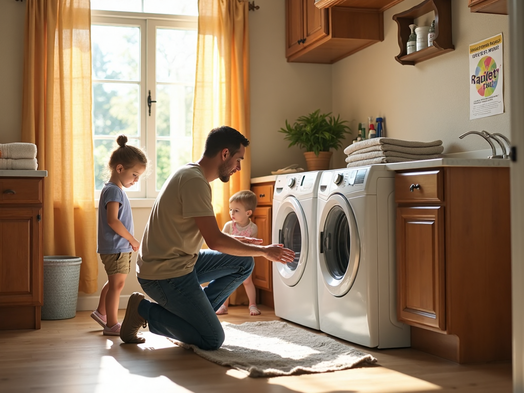 Family checks dryer in sunlit Texas laundry room