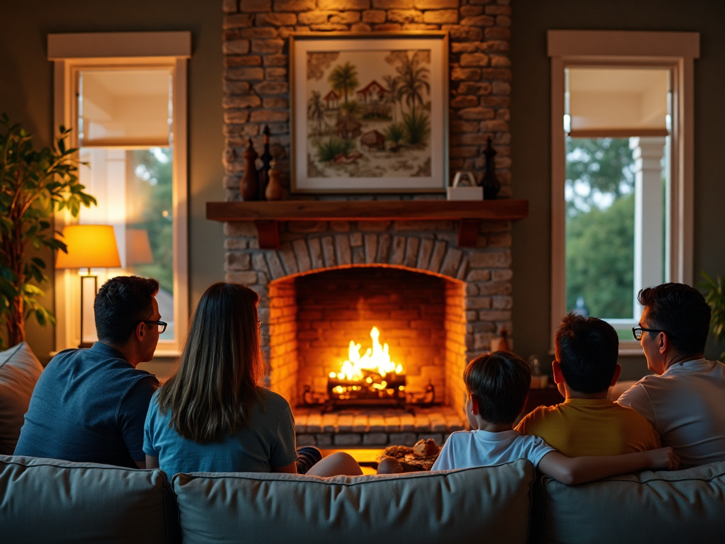 Family relaxing by fireplace with chimney cleaning poster on wall.