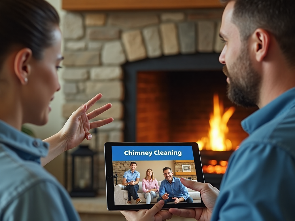 Texas homeowner and family discussing chimney cleaning with technician