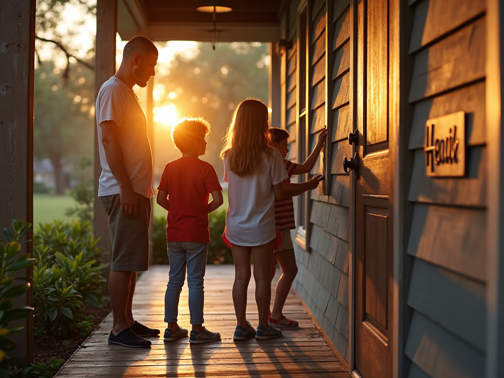 Texas family on porch inspecting air vent with 'Duct Health' sign
