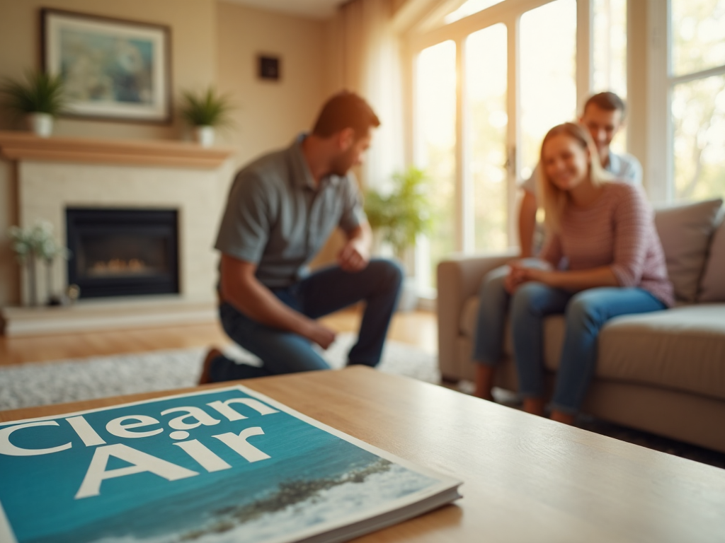 Texas family in living room with HVAC technician and clean air vent