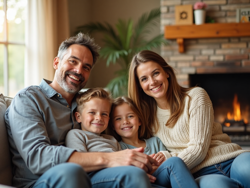 Texas family in bright living room with clean fireplace and 'Clean Air' sign on mantel