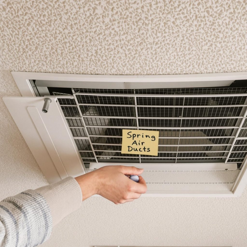 Texas family cleaning air duct vent during spring cleaning