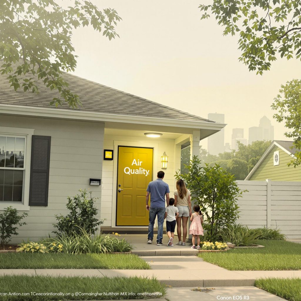 San Antonio family on porch with visible haze and air quality alert