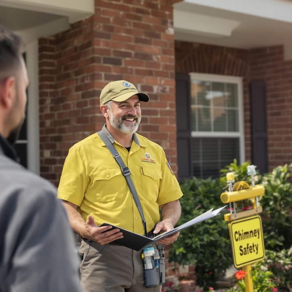 Chimney sweep explains safety to landlord and tenant at Texas rental home