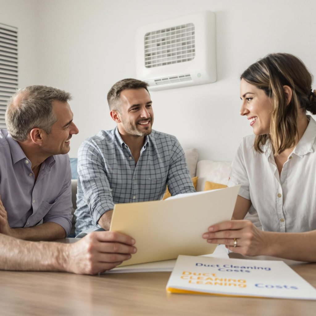 Texas homeowner reviews duct cleaning estimate with family