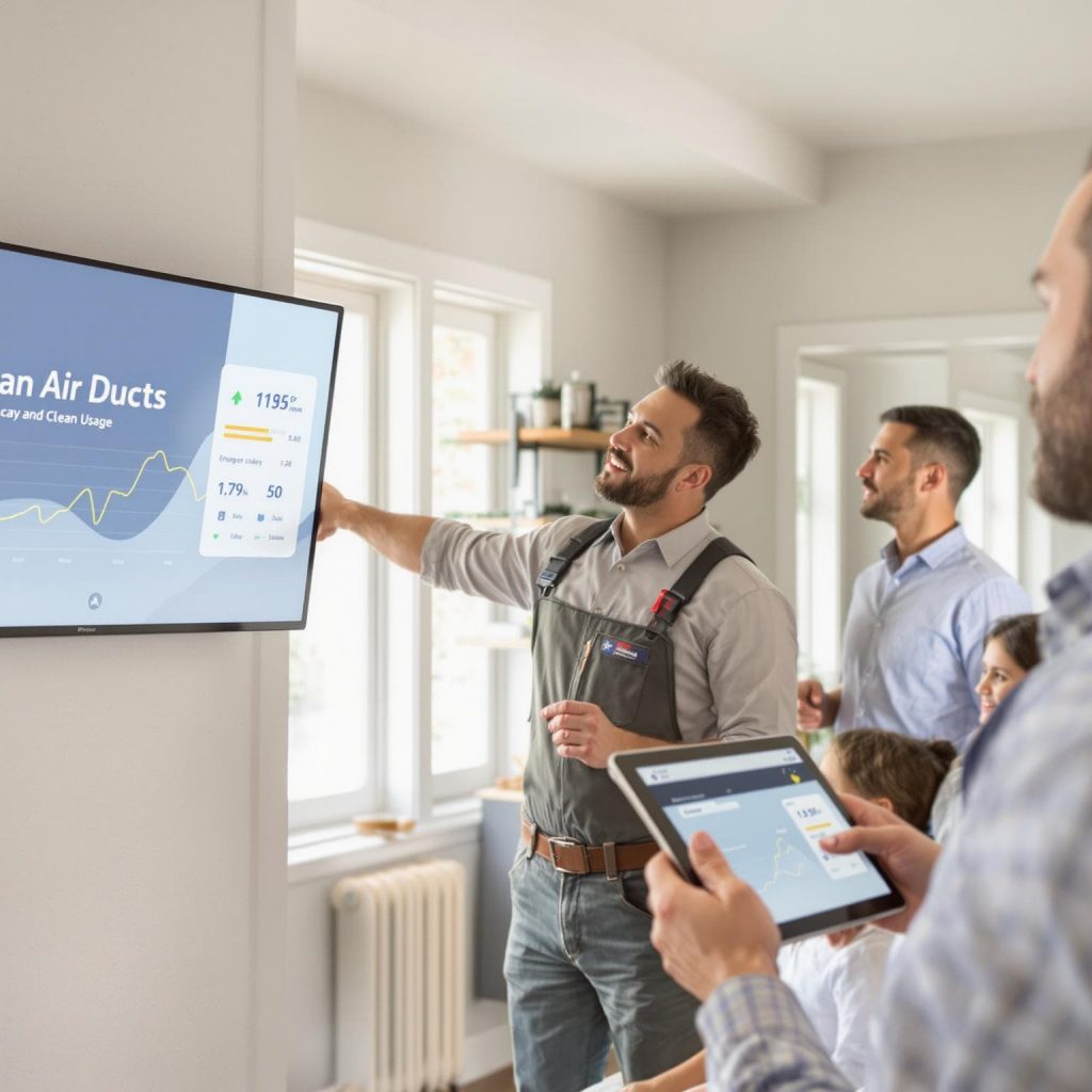 Texas family with HVAC technician discussing clean air ducts and efficiency
