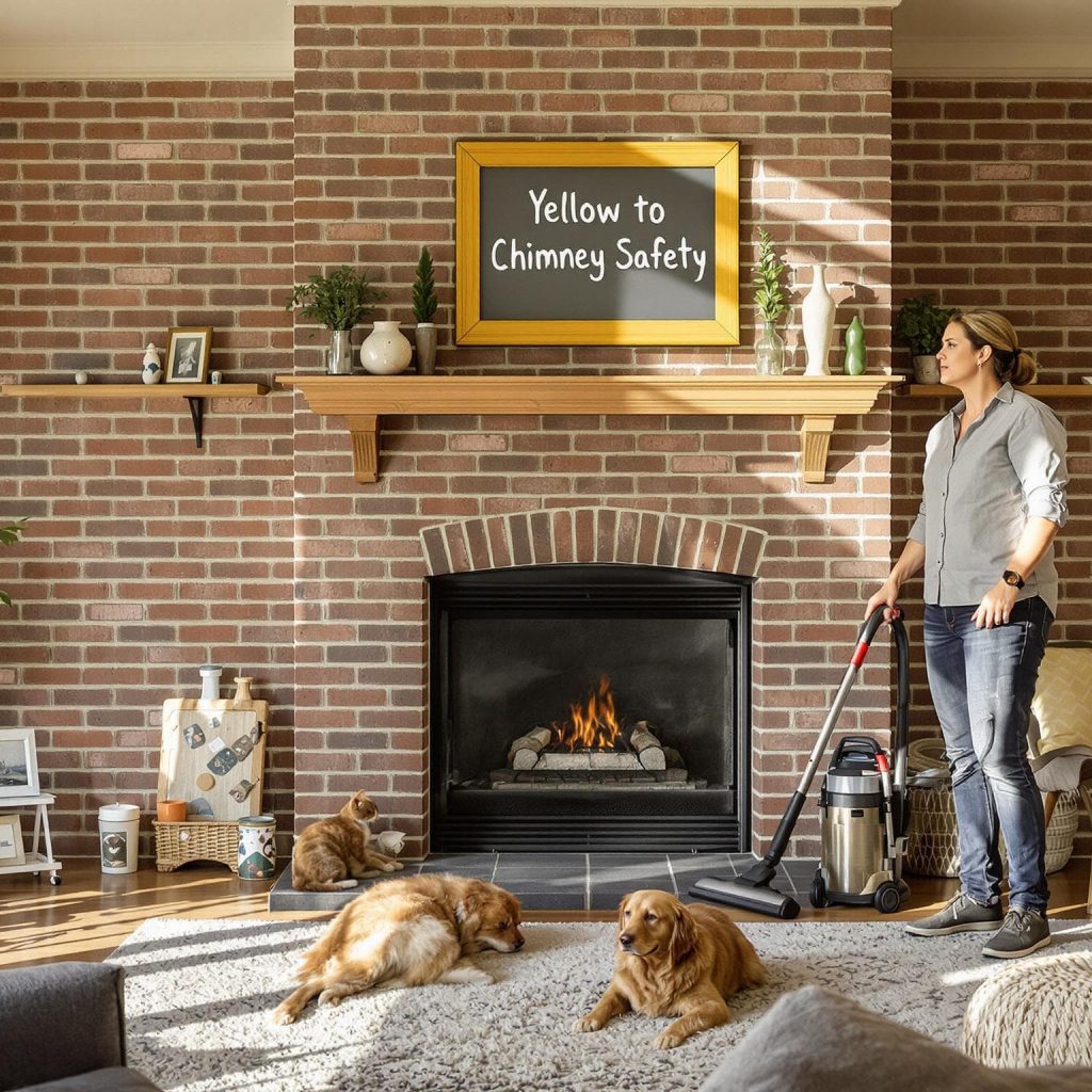Texas living room with pets near fireplace and chimney safety sign