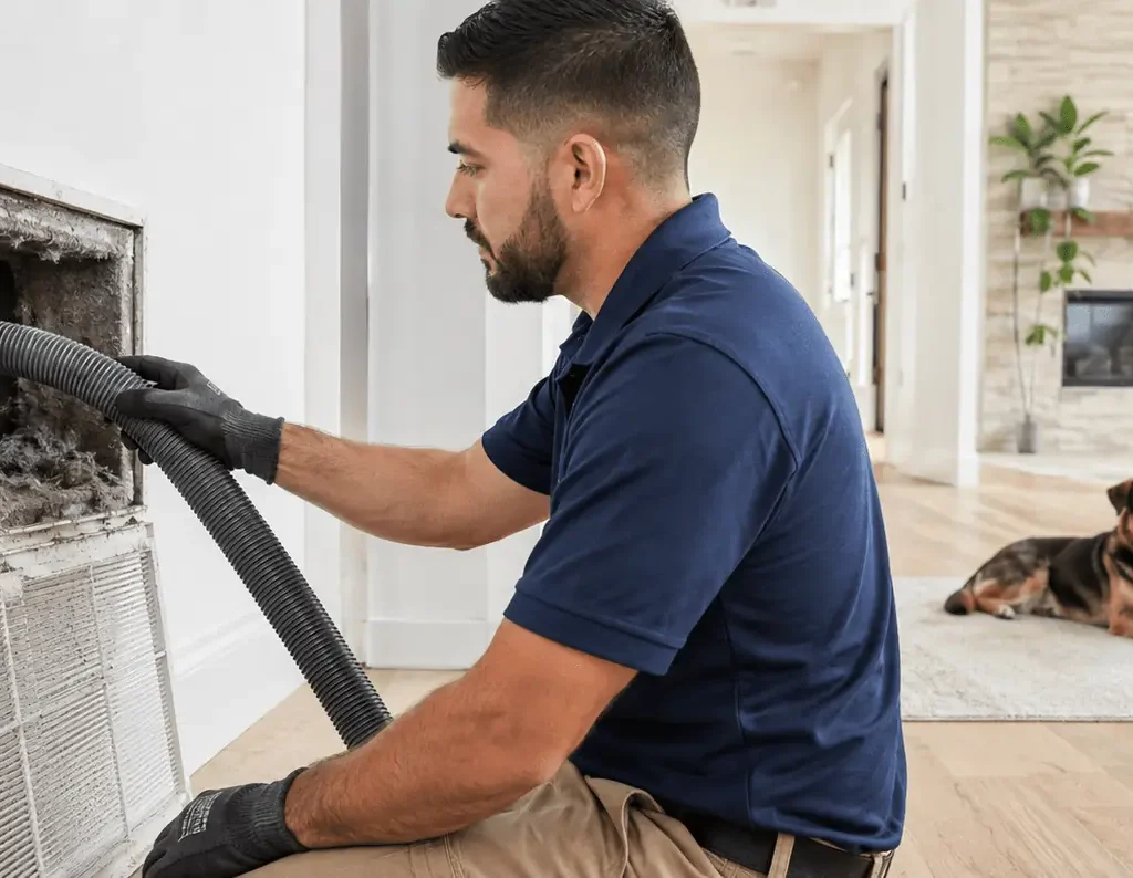 Technician cleaning ducts in pet-friendly home