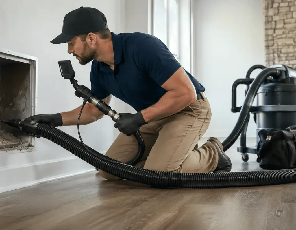Technician removing dust and debris from air ducts