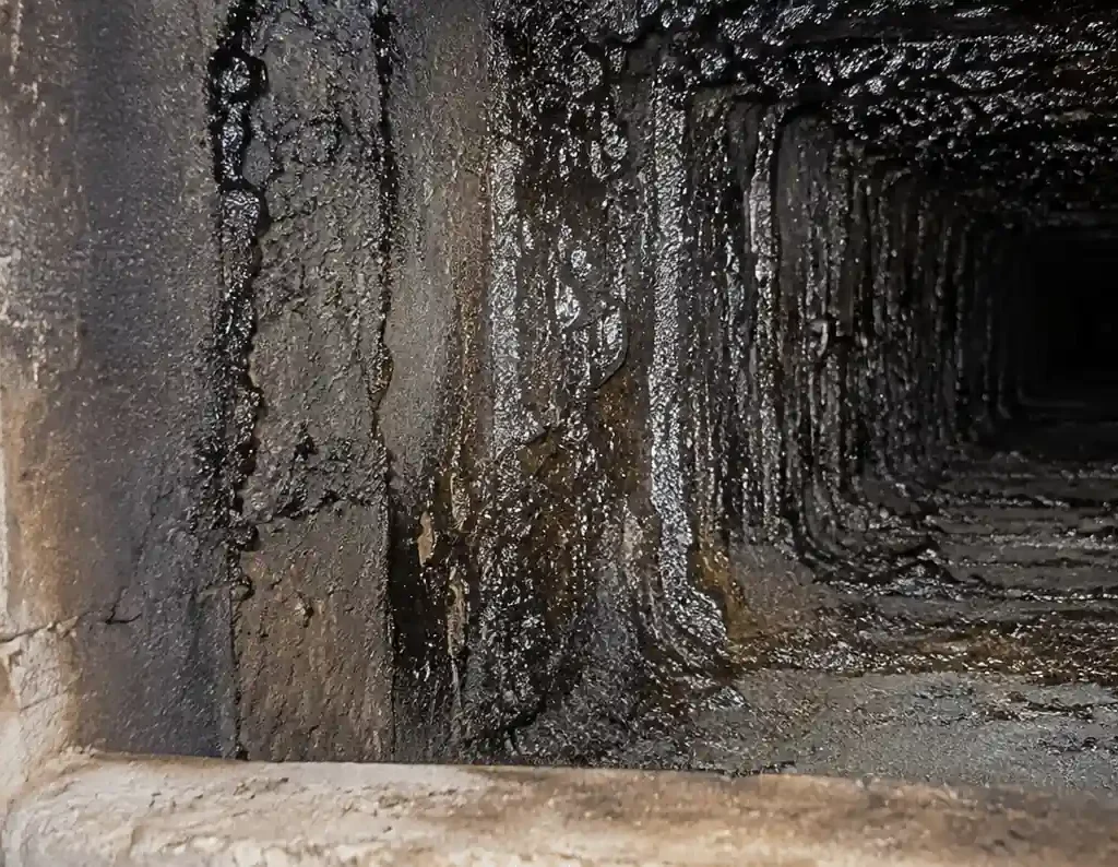 Thick creosote buildup coating chimney flue interior