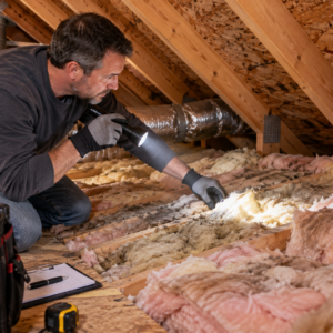 Technician inspecting attic insulation