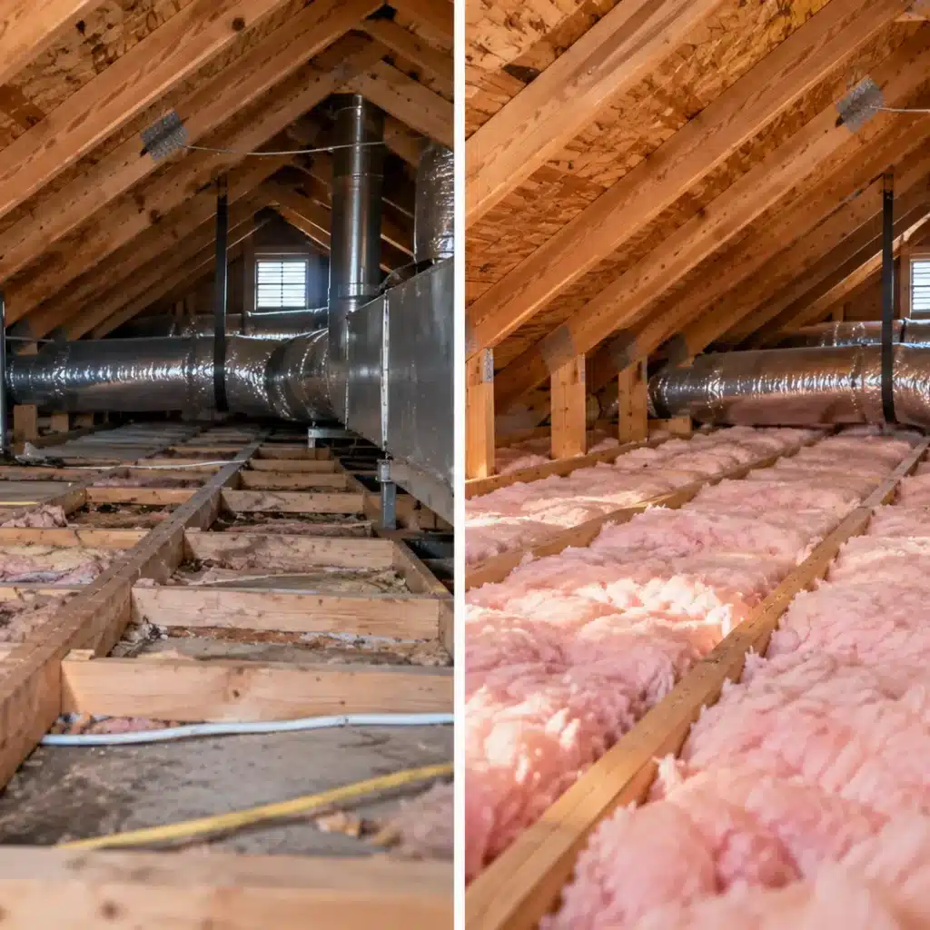Attic insulation before and after