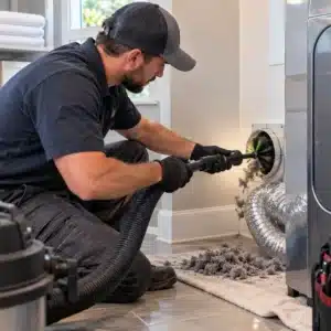 Technician cleaning air duct