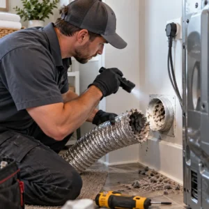 Technician inspecting dirty air duct