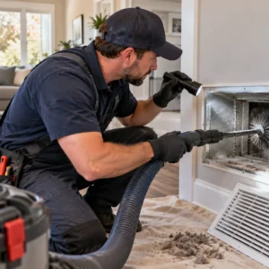 Technician cleaning HVAC air duct